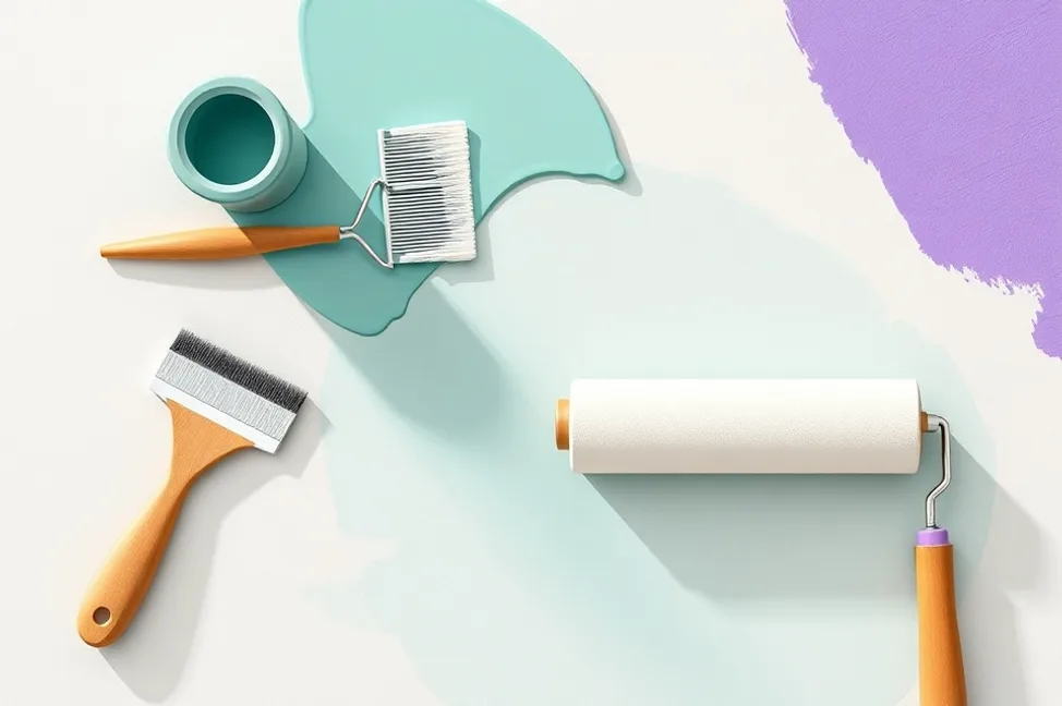 Outils de peinture disposés dans l'ordre des étapes du chantier
