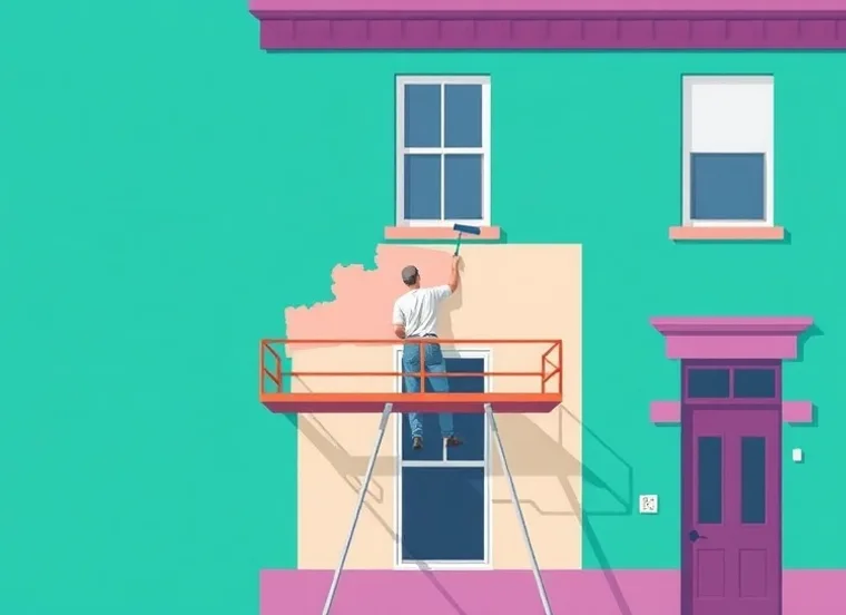 Peintre sur échafaudage traitant la façade d'une maison