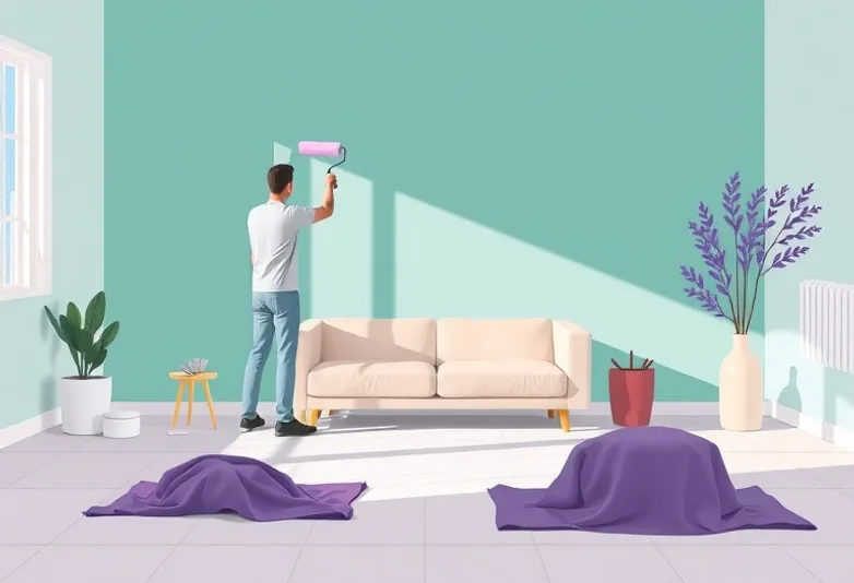 Peintre appliquant la peinture au rouleau sur un mur de salon